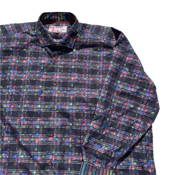 7 Downie St Button Up Shirt Mens 3X Abstract Multicolor Plaid Neon - Picture 3 of 8